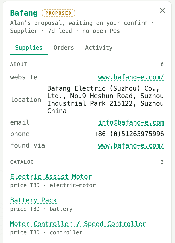 Bafang's supplier record: website, Suzhou factory address, contact email and phone, and the catalog Alan proposed